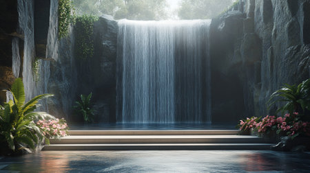 3d luxury podium with waterfall for your product. Generative AIの素材