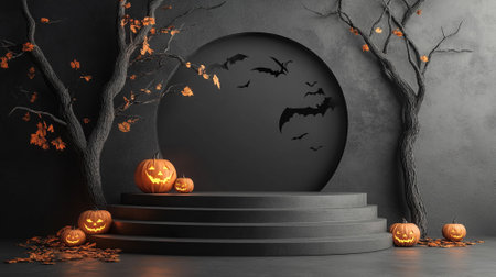 3d blank podium for your product. Halloween decoration. Halloween concept. Generative AI.の素材