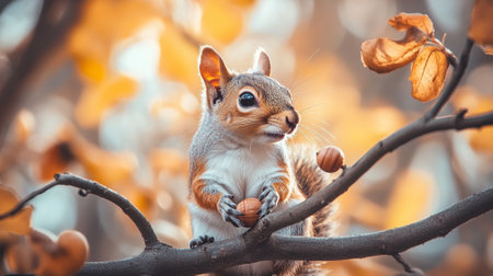 A small, reddish-brown squirrel is perched on a branch, surrounded by autumn leaves and berries. It is holding a berry in its paws and taking a biteの素材