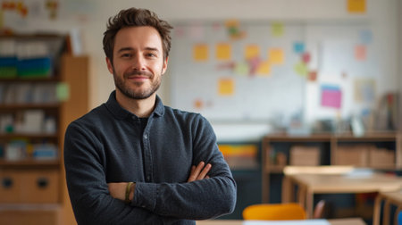 Portrait of a young male teacher standing in a classroom.の素材
