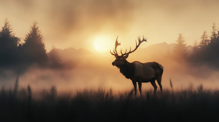 A majestic elk standing tall in a misty valley at sunrise, mountains in the background and a wide open sky for copy space.の素材