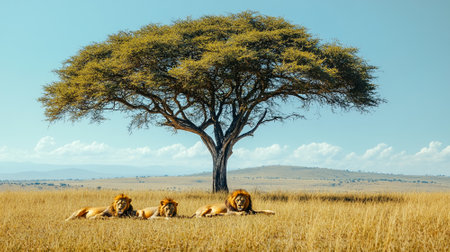 A pride of lions resting under the shade of a tree, wide African savannah stretching into the distance with clear space for copy.の素材