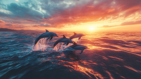A school of dolphins jumping out of the ocean at sunset, colorful sky with wide open space for text.の素材