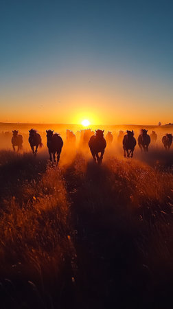 A herd of wild horses running across a grassy plain at sunset, dynamic movement with a clear sky for copy space.の素材