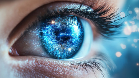 Close-up of a human eye with a digital interface overlay, symbolizing vision and technology, with ample space for text.の素材