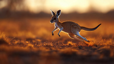 Kangaroo hopping across the Australian outback, dry red earth and a wide horizon line with ample space for copy.の素材