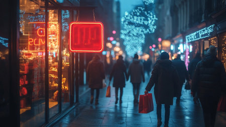 Black Friday neon sign glowing on a dark urban street background, with shoppers rushing by and flashing store lightsの素材