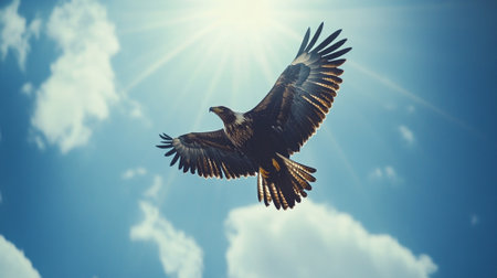 Eagle soaring through a bright blue sky, wings fully spread, with ample open sky for copy space.の素材