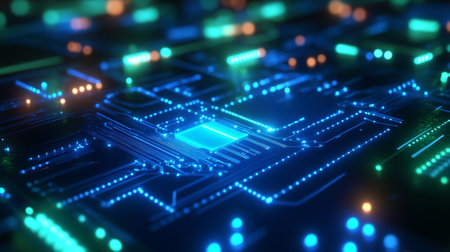 Futuristic circuit board with glowing neon lights, blue and green hues, and ample copy space for text in the center.の素材