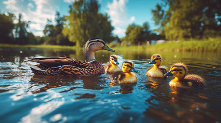 A family of ducks swimming on a calm pond, with rippling water reflections and a wide open background for text.の素材