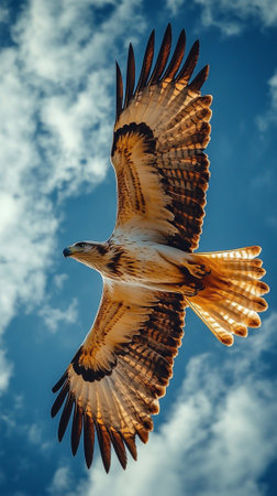 Eagle soaring through a bright blue sky, wings fully spread, with ample open sky for copy space.の素材