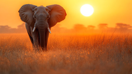 Elephant walking through the savannah at sunrise, soft orange hues in the sky, and an open area for text.の素材