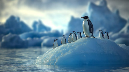 Penguins standing on an iceberg, cold blue waters and a wide, open sky for copy space.の素材