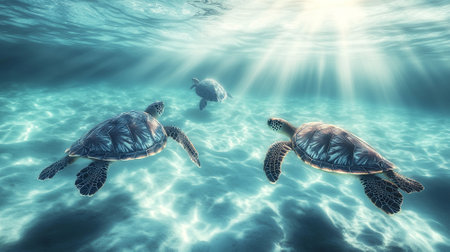 Sea turtles gliding through a crystal-clear ocean, with sunrays piercing the water and a large, open blue background for text.の素材