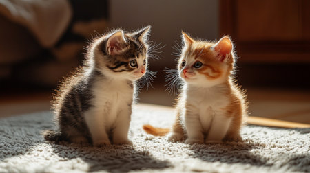 Cute kittens playing in a sunlit room, soft shadows on the floor and an open background for copy space.の素材