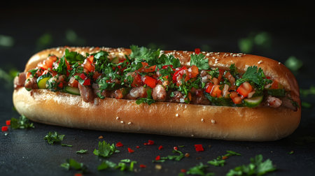 Vietnamese banh mi sandwich with pork, pickled vegetables, cilantro, and spicy mayo in a crusty baguetteの素材