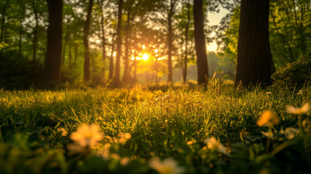 Sunlit forest clearing with tall trees in the background, dappled sunlight on the grass, and an open area in the foreground for copy space."の素材