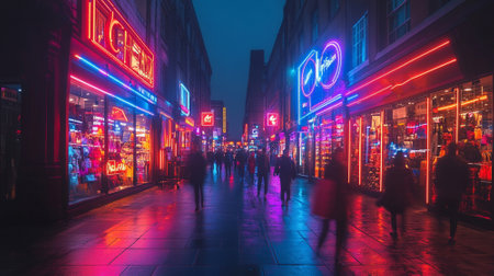 Black Friday neon sign glowing on a dark urban street background, with shoppers rushing by and flashing store lightsの素材