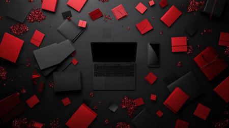 Black Friday online shopping background with a laptop, tablet, and smartphone, surrounded by falling discount tagsの素材