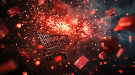 Explosive Black Friday sale background with bursting red fireworks, price tags, and flying shopping cartsの素材
