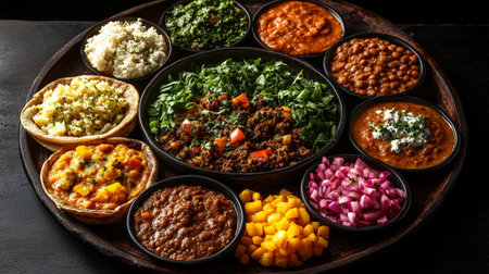 Ethiopian injera platter with various stews and lentils, vibrant colors on a large flatbreadの素材