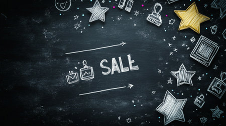 Classic Black Friday sale background with chalkboard textures, hand-drawn sale icons, and white bold textの素材