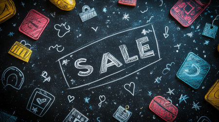 Classic Black Friday sale background with chalkboard textures, hand-drawn sale icons, and white bold textの素材