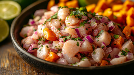Peruvian ceviche with fresh fish marinated in lime juice, onions, and cilantro, served with sweet potatoesの素材