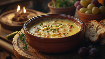Swiss fondue with melted cheese, served with crusty bread, grapes, and small pickles on a wooden boardの素材