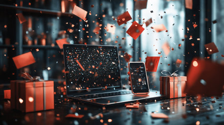 Black Friday online shopping background with a laptop, tablet, and smartphone, surrounded by falling discount tagsの素材