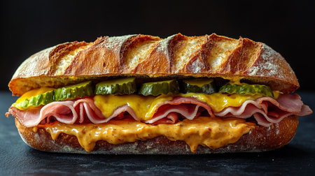 Cuban sandwich with roast pork, ham, Swiss cheese, pickles, and mustard, pressed to perfectionの素材