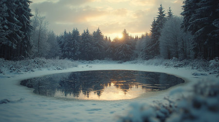 An icy lake partially frozen in the middle of a snowy forest, with a soft winter sunrise creating a golden reflection on the ice and snowの素材