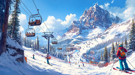 A ski resort scene, with snowy slopes, ski lifts, and snowboarders in colorful gear, against a backdrop of snowy mountains and a brilliant winter sun.の素材