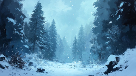 A tranquil snow-covered forest background, with tall pine trees dusted in snow and a soft, early morning light casting a pale blue glow across the scene.の素材