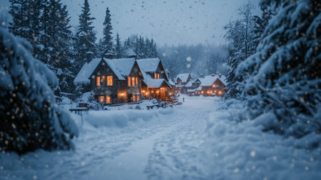 A snow-covered village at night, with warmly lit windows, gentle snowflakes falling, and footprints leading to cozy cottages surrounded by evergreen trees.の素材
