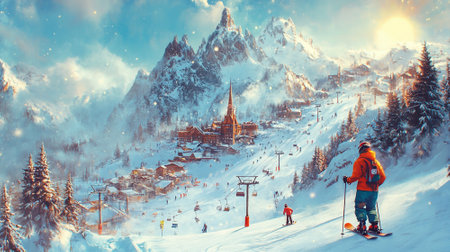A ski resort scene, with snowy slopes, ski lifts, and snowboarders in colorful gear, against a backdrop of snowy mountains and a brilliant winter sun.の素材