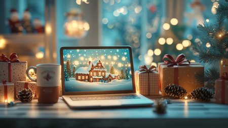 3D animated laptop showing a Christmas gift shop website, surrounded by cozy winter elements like a hot cocoa mug, pine cones, and gift boxes, with soft golden lighting adding a warm holiday feel.の素材