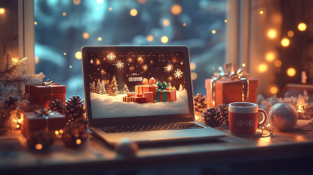 3D animated laptop showing a Christmas gift shop website, surrounded by cozy winter elements like a hot cocoa mug, pine cones, and gift boxes, with soft golden lighting adding a warm holiday feel.の素材