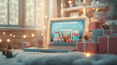 3D animated laptop showing a Christmas gift shop website, surrounded by cozy winter elements like a hot cocoa mug, pine cones, and gift boxes, with soft golden lighting adding a warm holiday feel.の素材