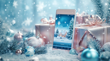 3D Christmas online shopping concept, a modern smartphone showing a holiday sale page, surrounded by wrapped gifts, ornaments, and pine branches. A snowy winter background.の素材