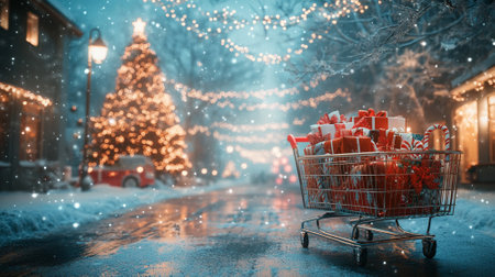 3D shopping cart filled with wrapped Christmas gifts, holiday decor, and candy canes, placed on a snowy street with Christmas lights hanging above and a decorated tree in the background.の素材