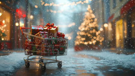 3D shopping cart filled with wrapped Christmas gifts, holiday decor, and candy canes, placed on a snowy street with Christmas lights hanging above and a decorated tree in the background.の素材