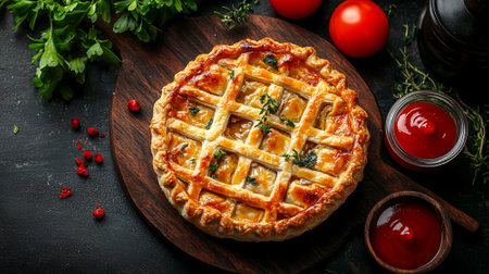 Australian meat pie with flaky pastry, filled with minced beef and gravy, served with ketchupの素材