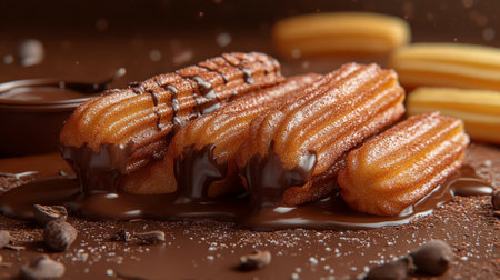 Spanish churros dusted with cinnamon sugar, served with a rich chocolate dipping sauceの素材