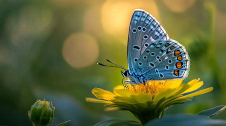 Close-up of a butterfly resting on a vibrant flower, soft blurred green background with plenty of room for copy space.の素材