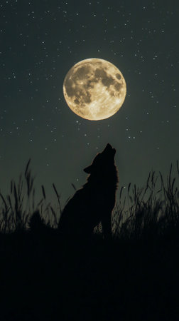 Silhouette of a wolf howling at a full moon, with a starry night sky providing ample space for copy.の素材