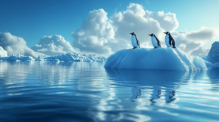 Penguins standing on an iceberg, cold blue waters and a wide, open sky for copy space.の素材