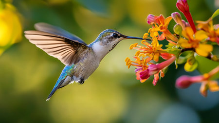 Hummingbird hovering near a vibrant flower, delicate wings in motion, with a soft green background and plenty of space for text.の素材