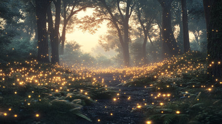 A swarm of fireflies glowing at dusk in a dense forest, creating a magical atmosphere with an open background for copy.の素材