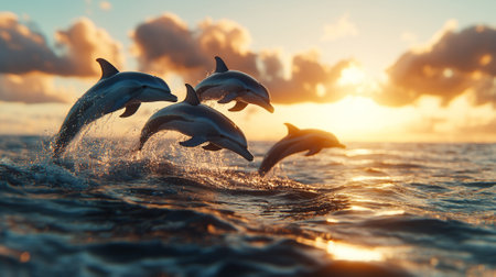 A school of dolphins jumping out of the ocean at sunset, colorful sky with wide open space for text.の素材